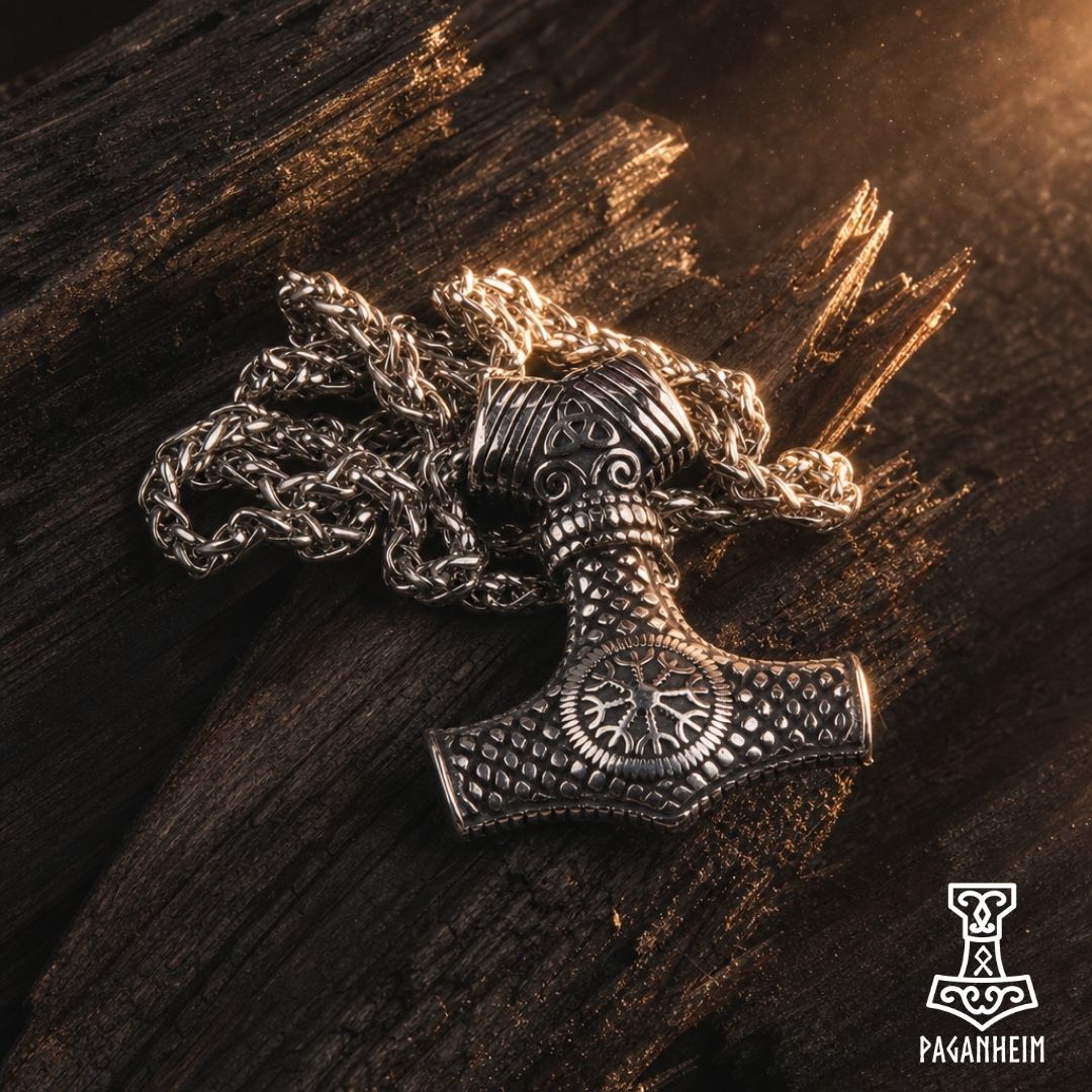 Closeup of Mjölnir necklace showing detailed scale pattern and post‑Viking rune design