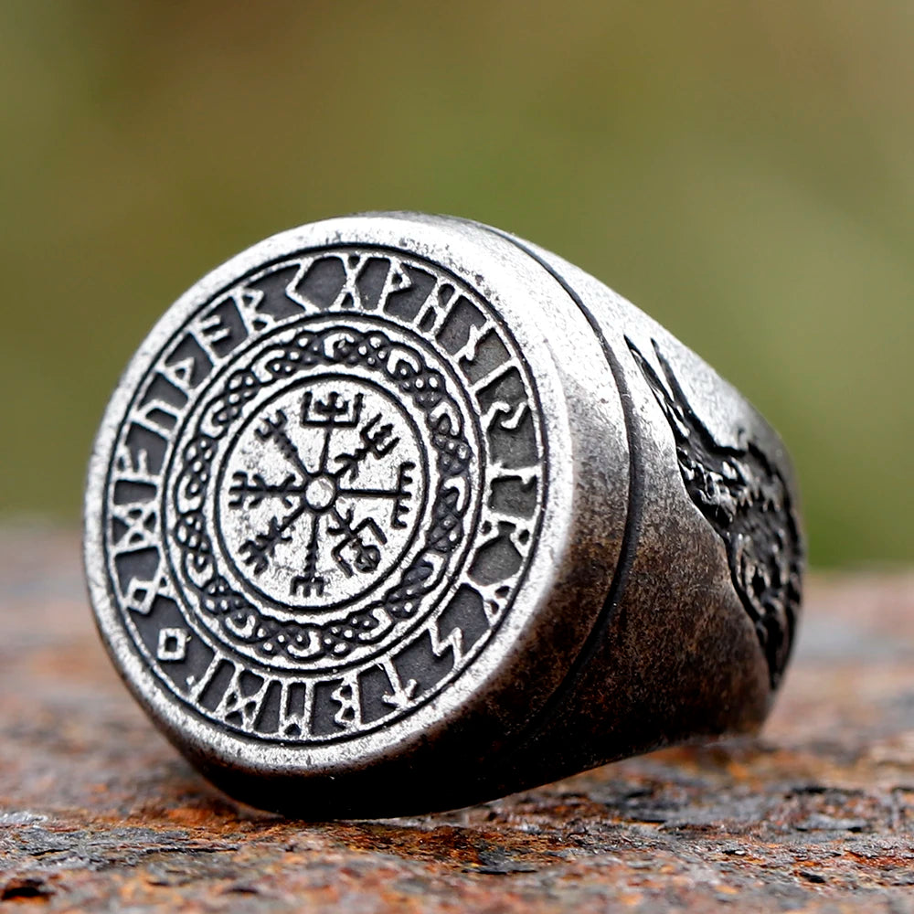 Raven Engraved Vegvísir Rune Icelandic Viking Ring  The Pagan Trader   