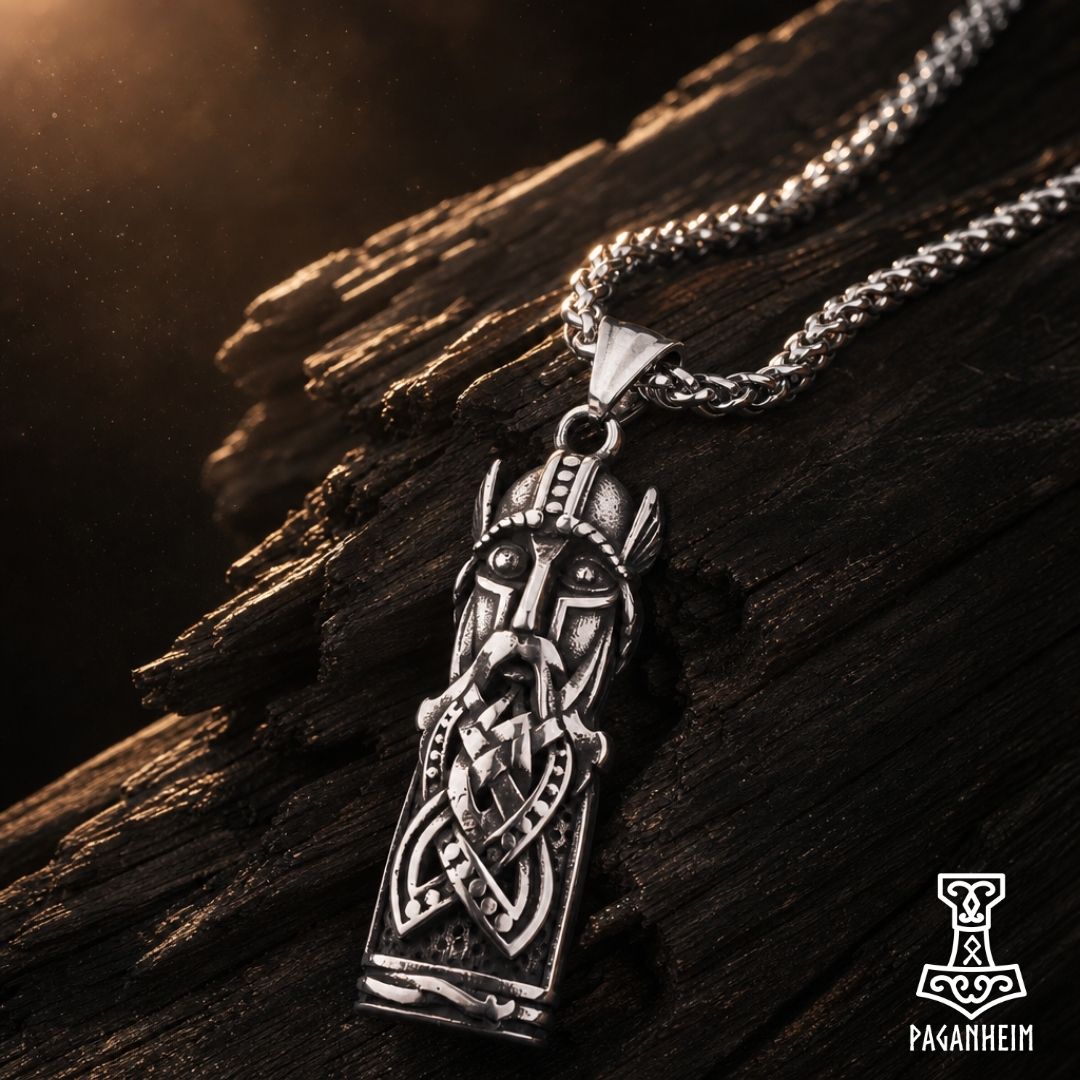 Stainless steel pendant depicting Odin with helmet and braided beard in Jelling style