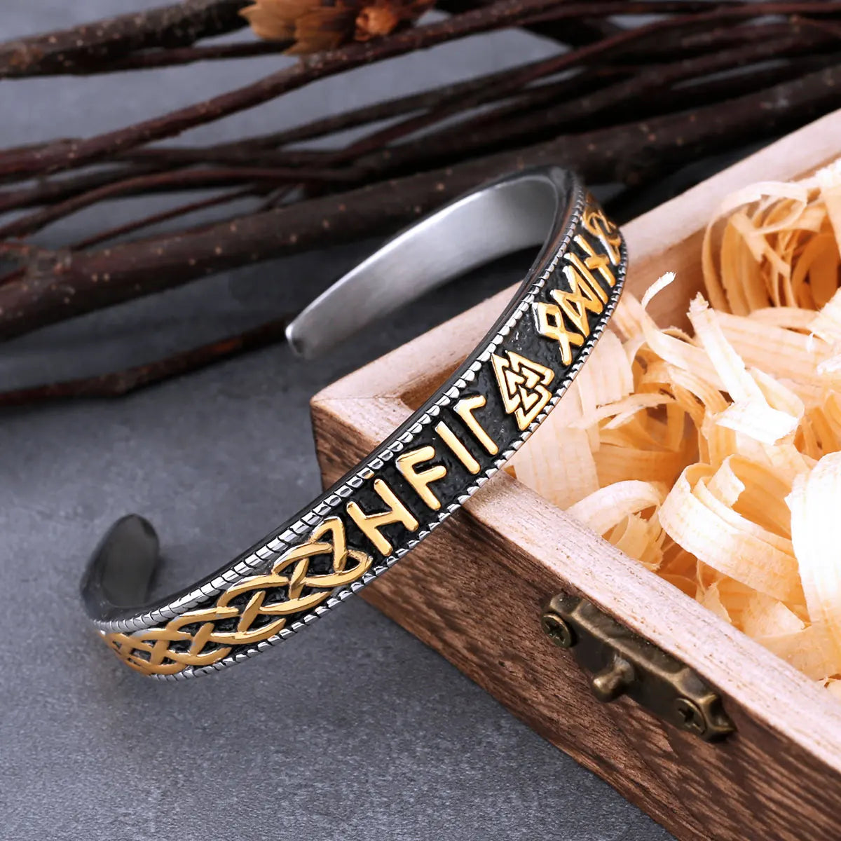 Norse mythology bangle featuring Valknut and Web of Wyrd.