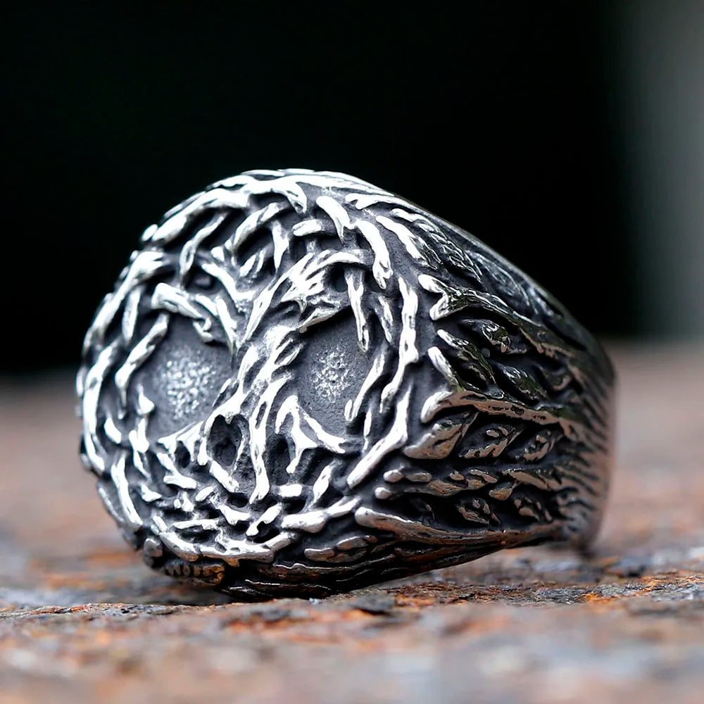 Silver ring with detailed Yggdrasil World Tree engraving