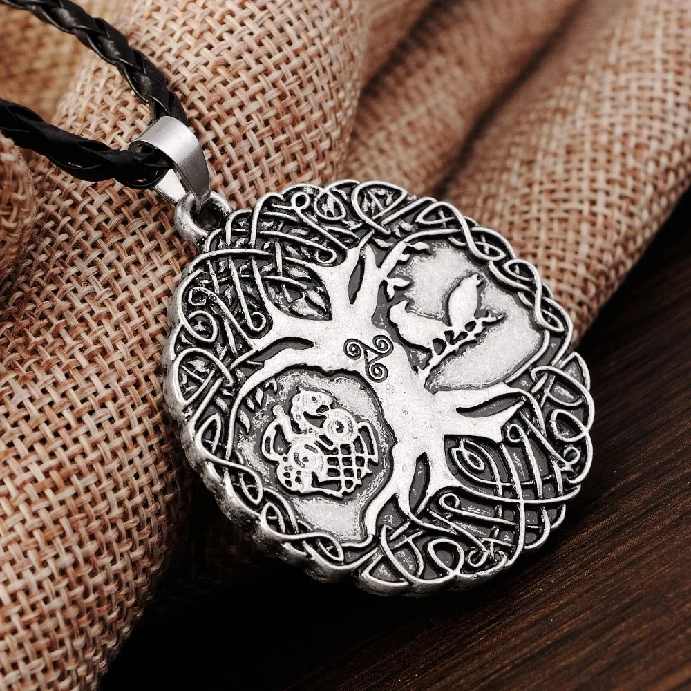 Norse necklace with Yggdrasil, Odin on Sleipnir, and Huginn and Muninn ravens in intricate detail.