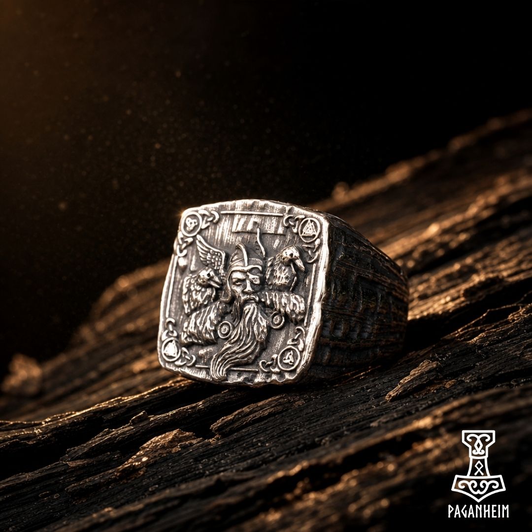 Closeup of Odin ring showing detailed Norse design and symbols