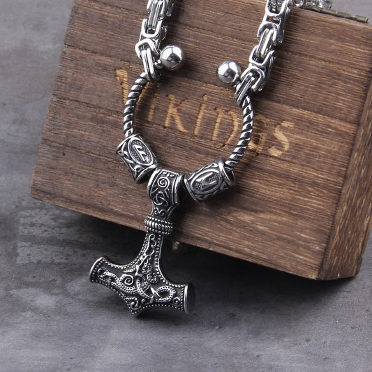 Viking-styled jewelry piece featuring a Mjölnir amulet, paired with a Byzantine King Chain.