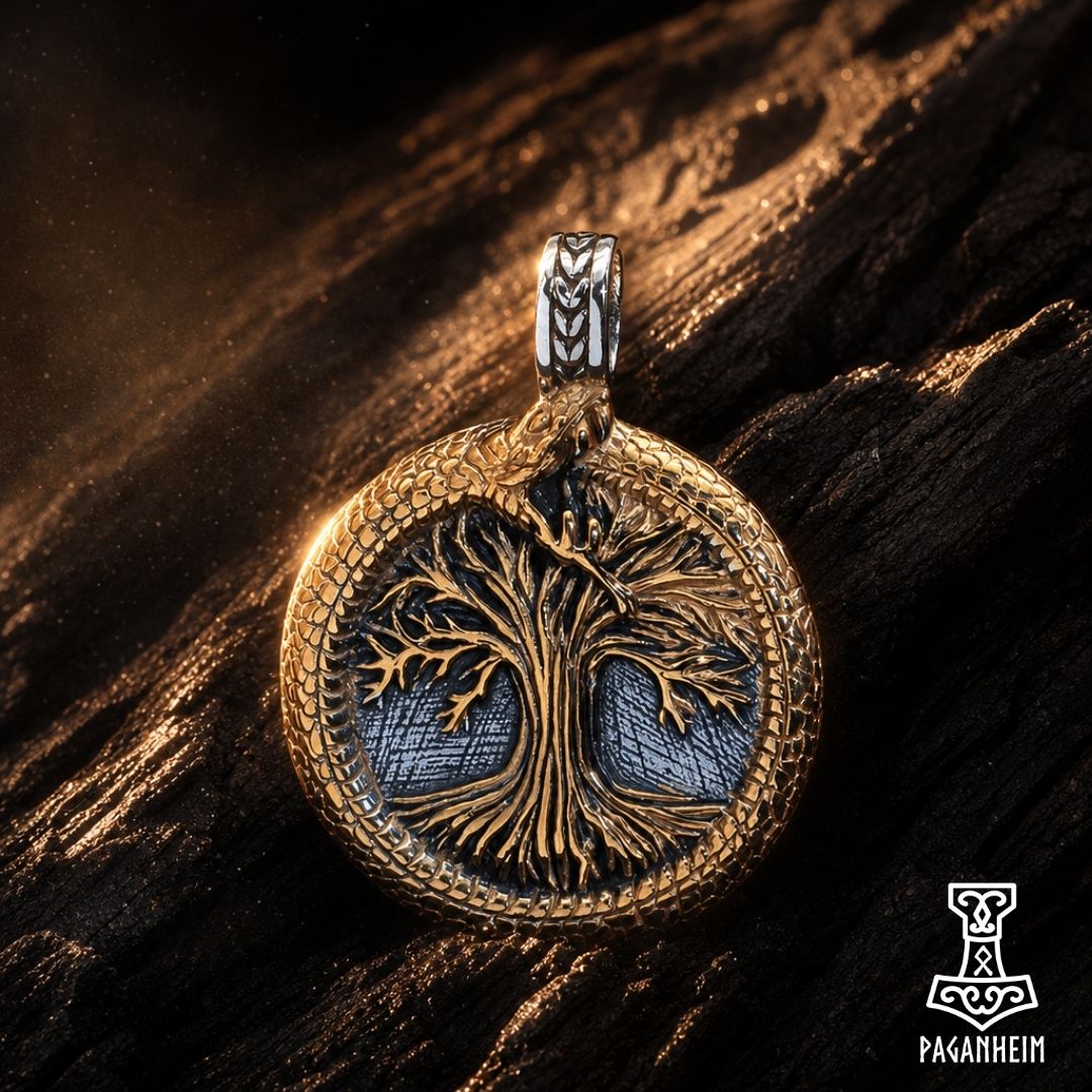 A circular pendant necklace featuring a detailed tree of life design in gold-toned metal over a textured blue-gray background, with a silver-toned bail.