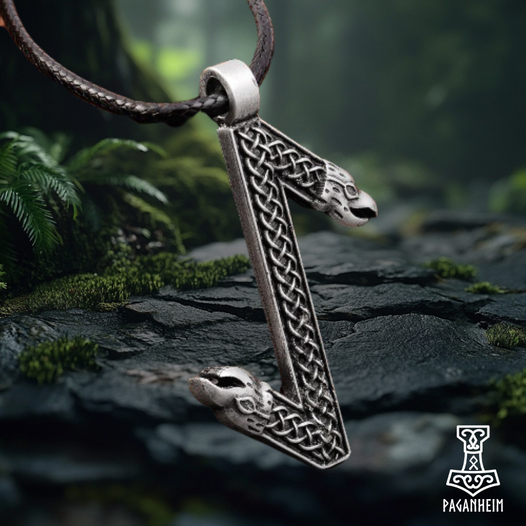 Pendant shaped like the Eihwaz rune with Norse raven motifs.