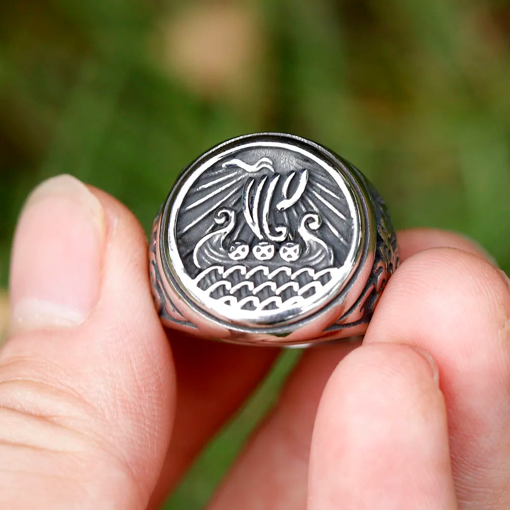 Viking longship ring with Old Norse design details