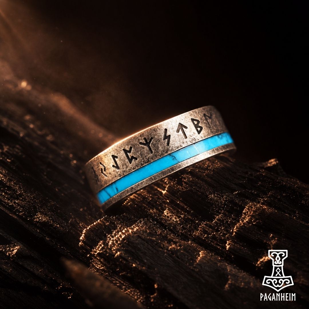 A silver-toned Viking rune ring with a bright turquoise blue inlay, resting on a dark textured wooden surface.