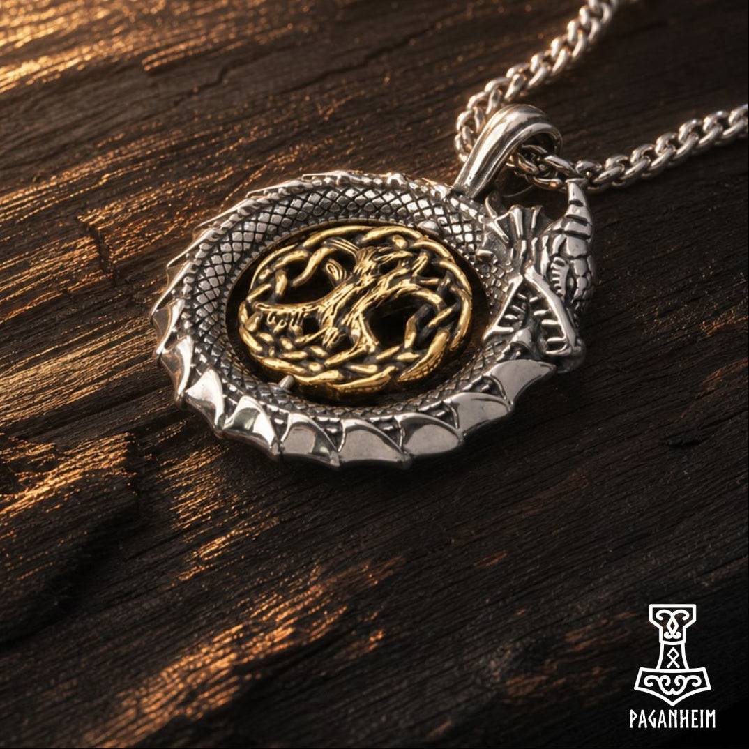 Dual‑tone pendant featuring golden Yggdrasil inside golden dragon ouroboros