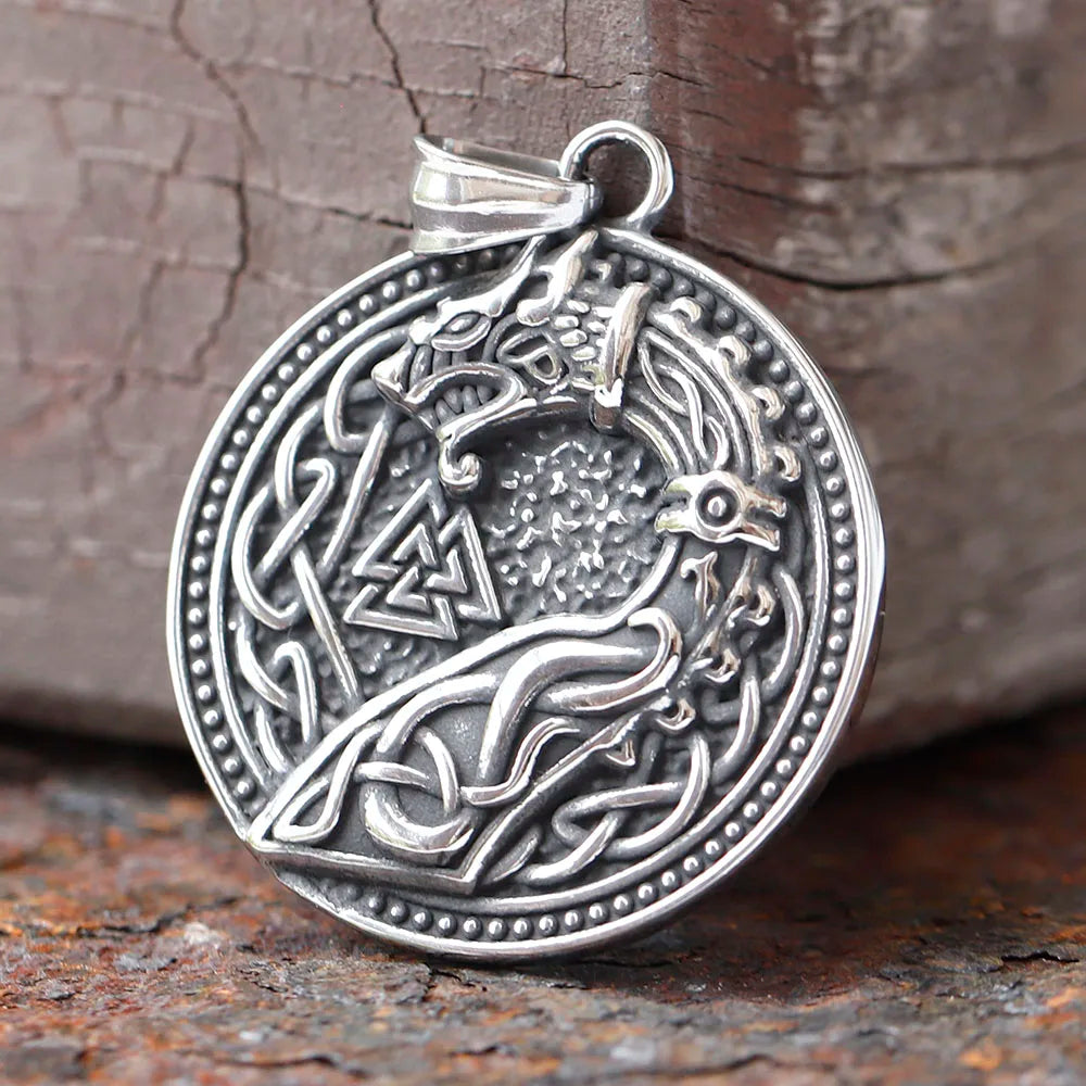 Norse serpent and Valknut pendant with Helm of Awe symbol