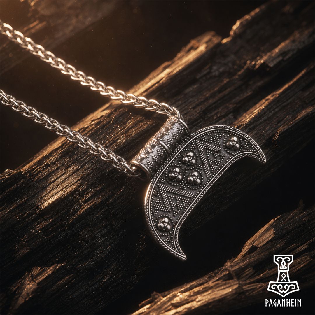A silver-toned crescent moon pendant necklace with intricate geometric and floral engravings, resting on dark textured wood. The brand logo 'Paganheim' is visible in the bottom right corner.