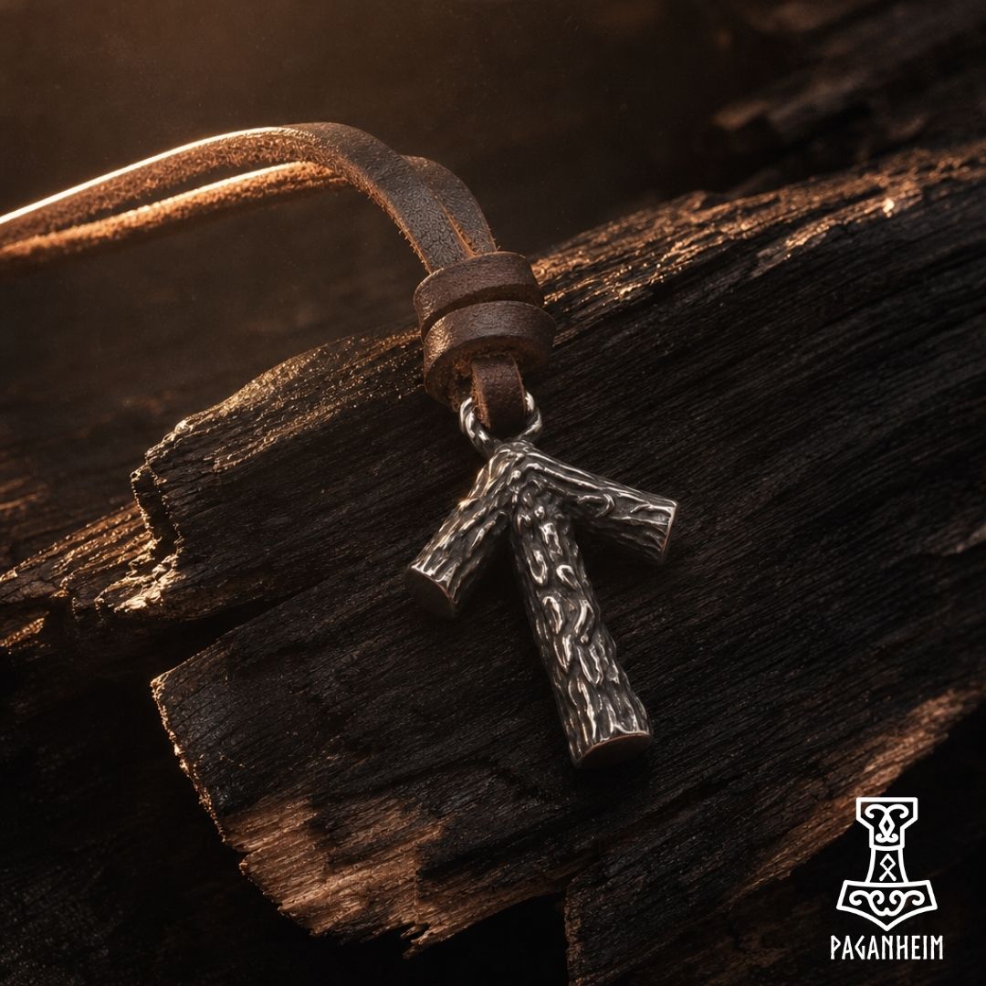 Norse Tiwaz rune amulet with a leather cord.