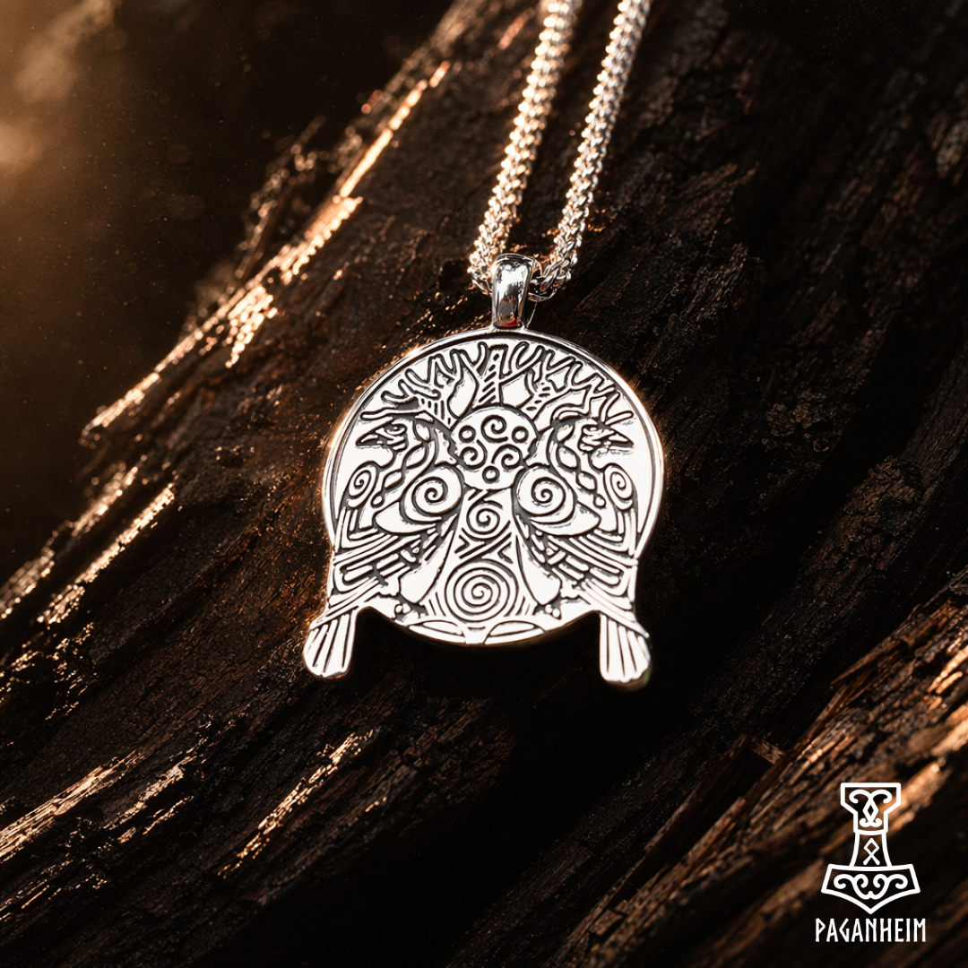 Stainless steel amulet with tree of life and raven motifs.