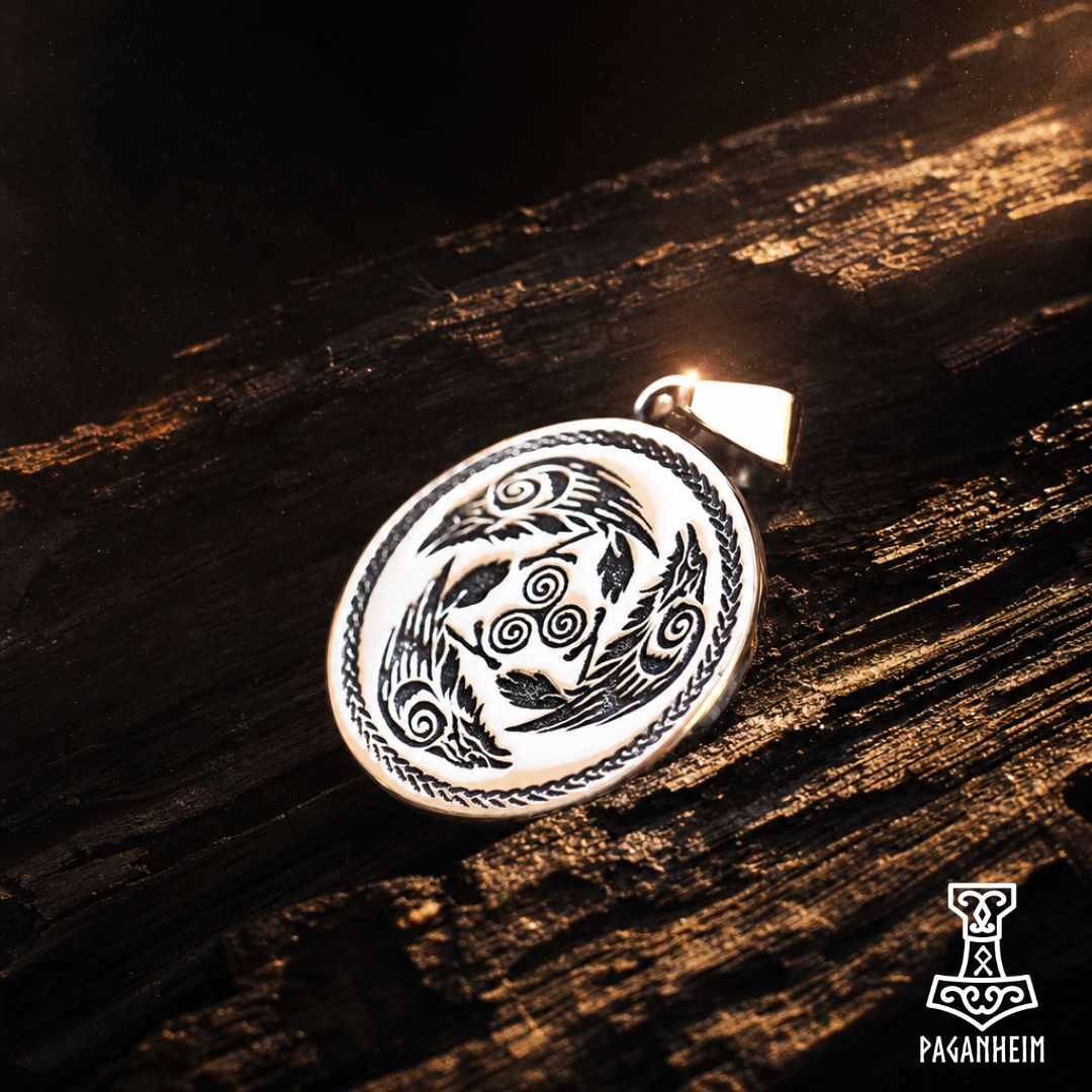 Reverse side of pendant showing Triskele symbol surrounded by ravens