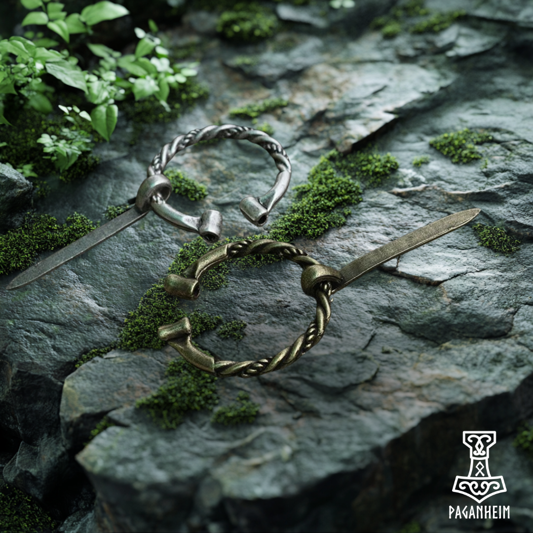 Norse cloak pin with twisted design, reflecting Viking Age arm rings