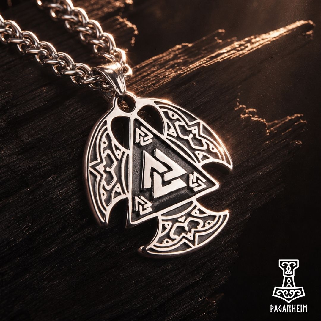 Valknut spearhead necklace resting on wooden surface under warm light