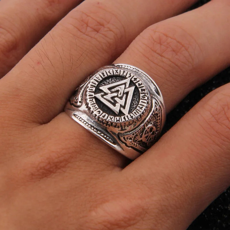 Viking-inspired sterling silver ring with the Valknut symbol and engraved Elder Futhark runes.