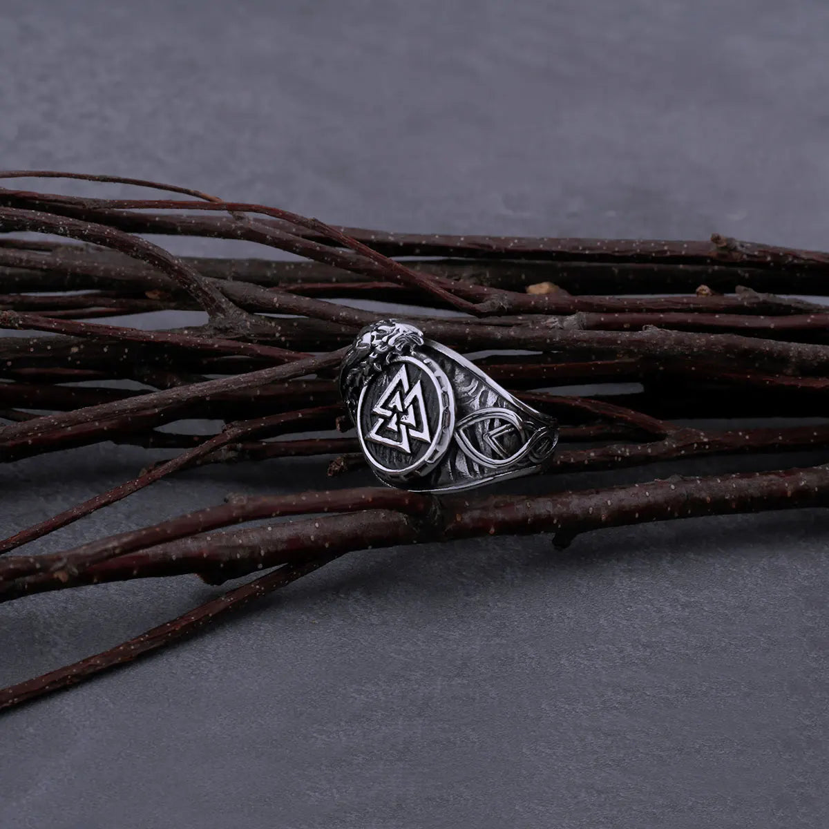 Unique Valknut ring with the powerful Valknut symbol and raven wing embellishment.