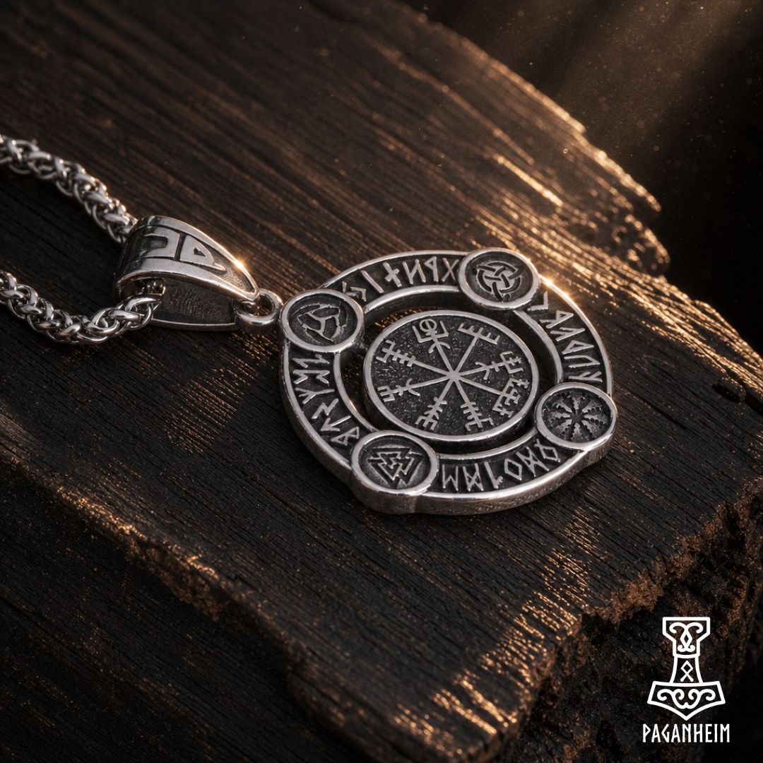 Closeup of Vegvísir amulet showing detailed Norse symbols and circular frame