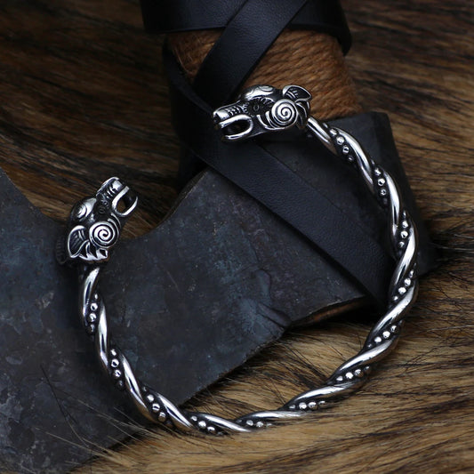 Silver viking wolf bangle arm ring jewelry accessory