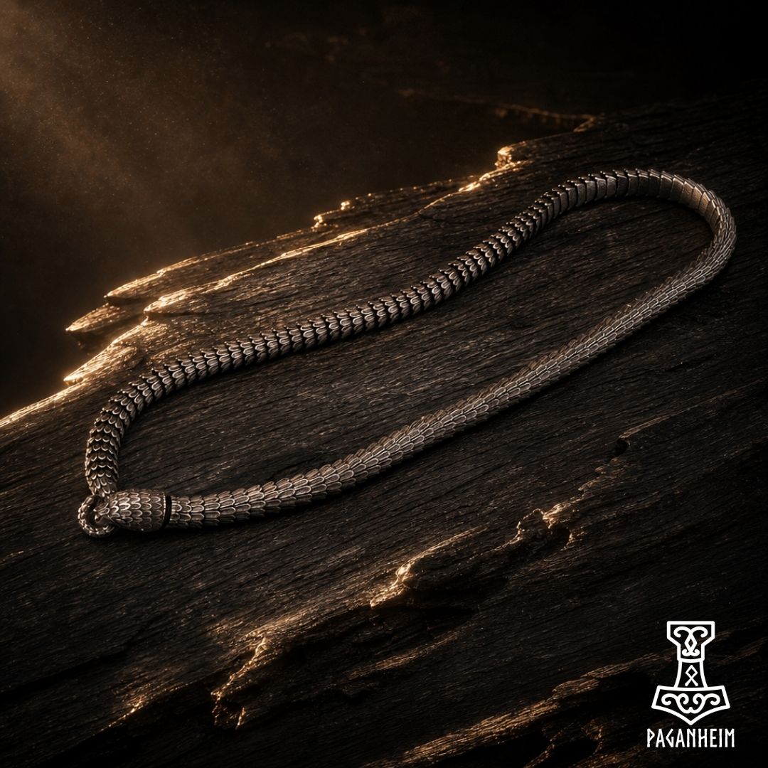 Closeup of Jörmungandr necklace showing engraved scales and coiled design