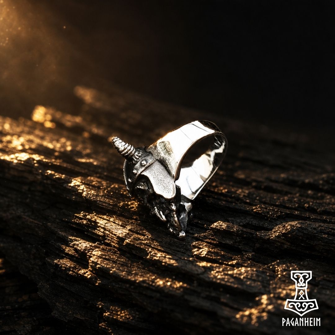 Closeup of sculpted ring inspired by 19th‑century Romantic Viking imagery