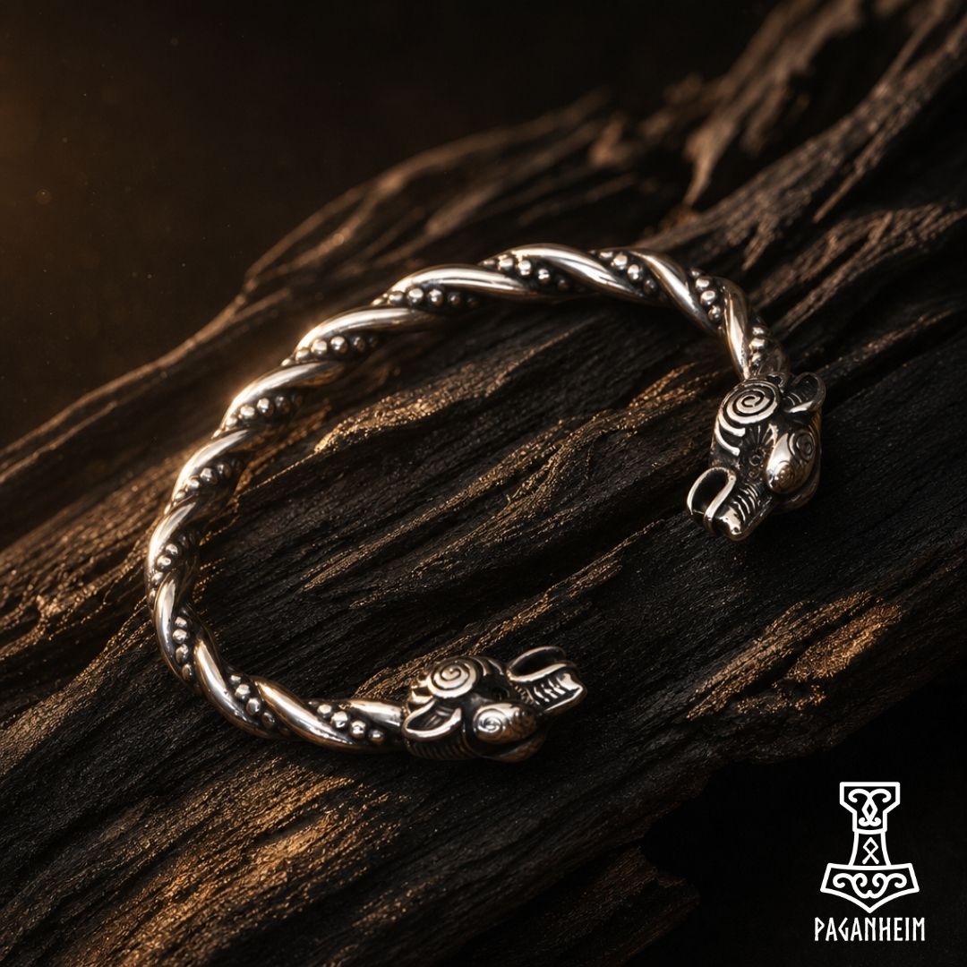 Closeup of Viking‑style arm ring showing wolf head terminals and twisted band.