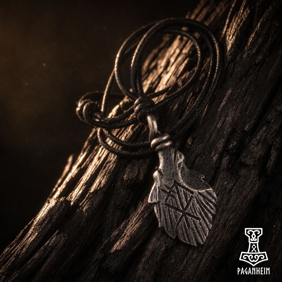 A Norse-style pendant necklace with a carved silver-toned bird pendant on a dark cord, resting on textured dark wood.