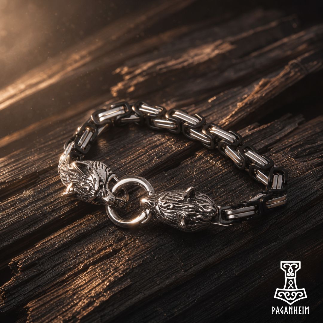 Closeup of Wolf Pack bracelet showing detailed wolf head clasps