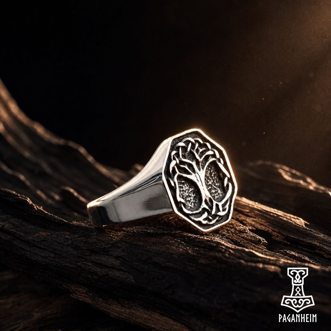 Stainless steel Yggdrasil ring with engraved world tree design
