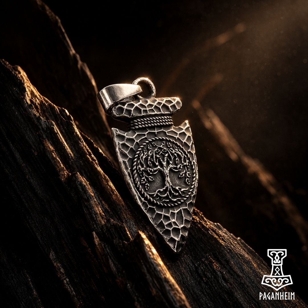Closeup of Norse spearhead pendant showing detailed yggdrasil design