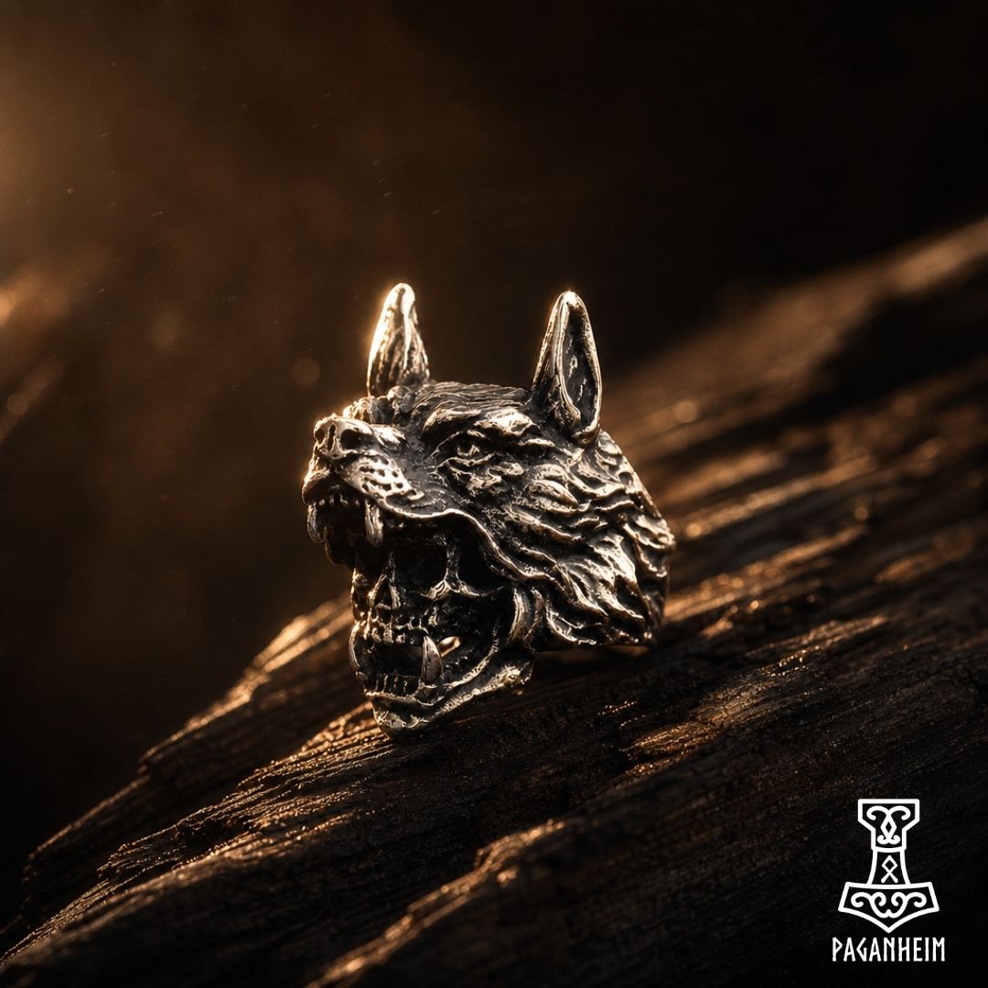 Wolf‑pelt skull ring resting on a wooden surface