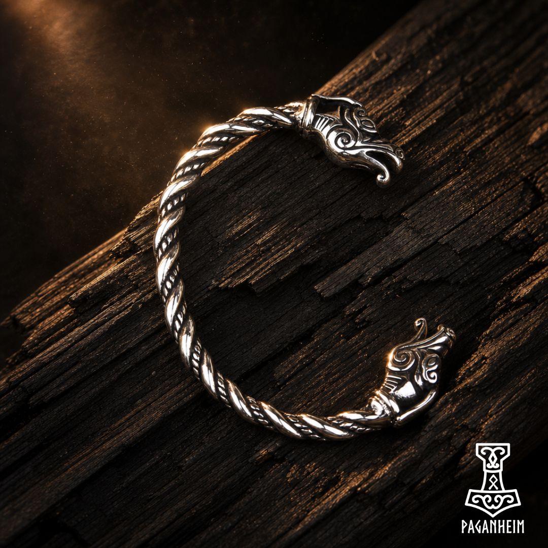 Silver arm ring featuring sculpted dragon heads at each end.