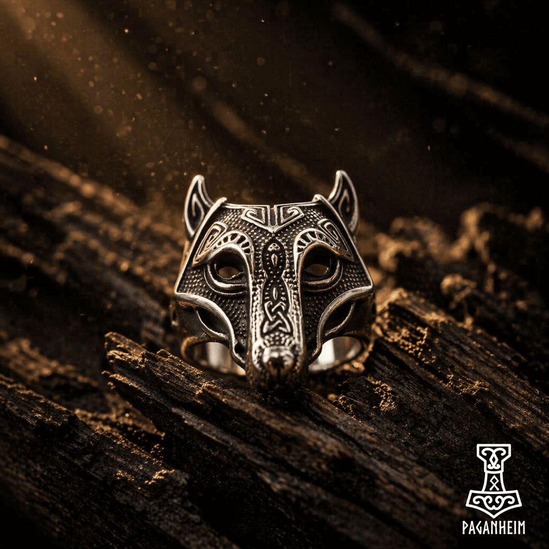 Wolf‑head ring featuring triquetra symbol on the side