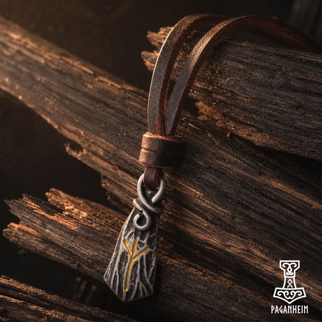 Norse rune pendant photographed under warm light