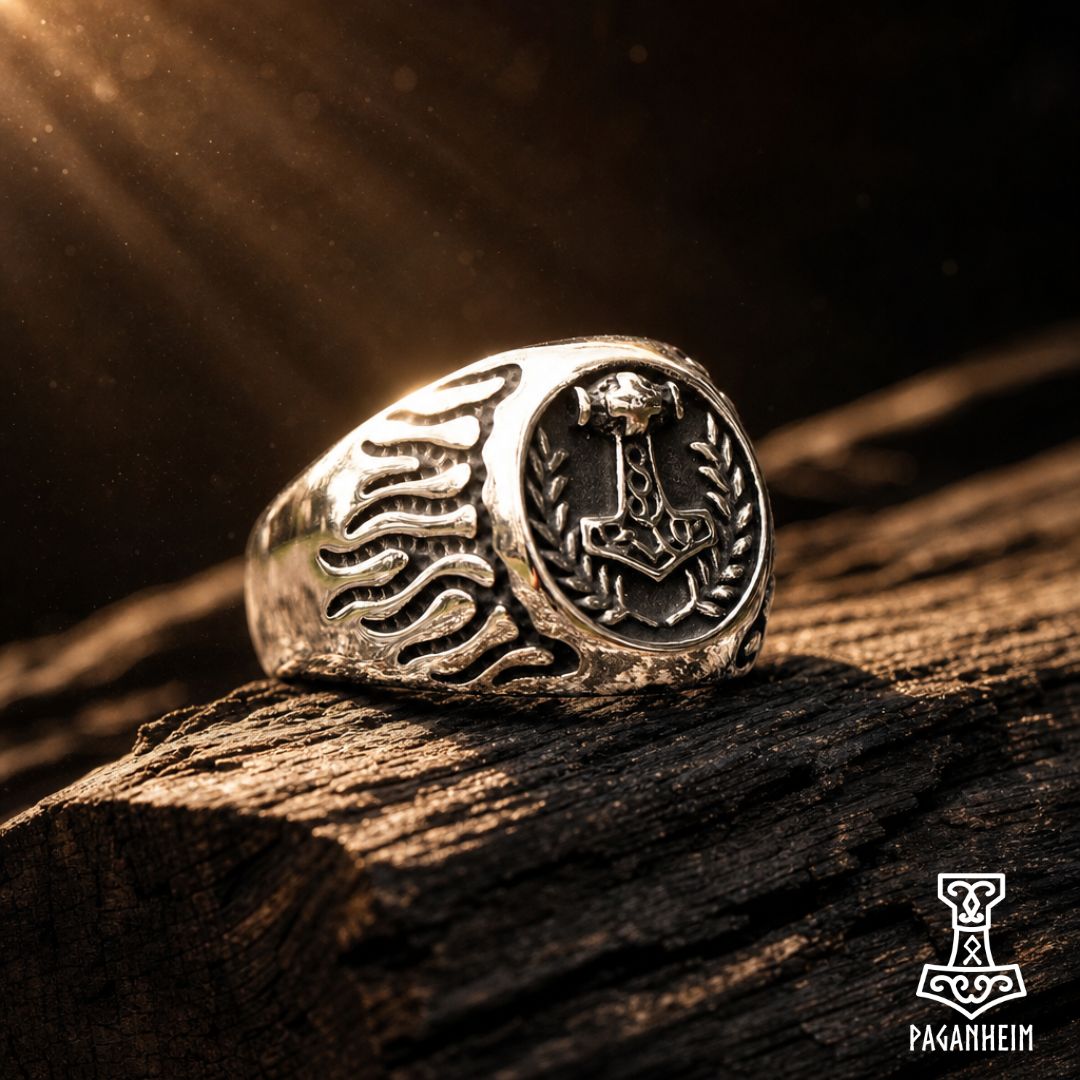 Stainless steel ring with Thor’s hammer symbol and polished finish