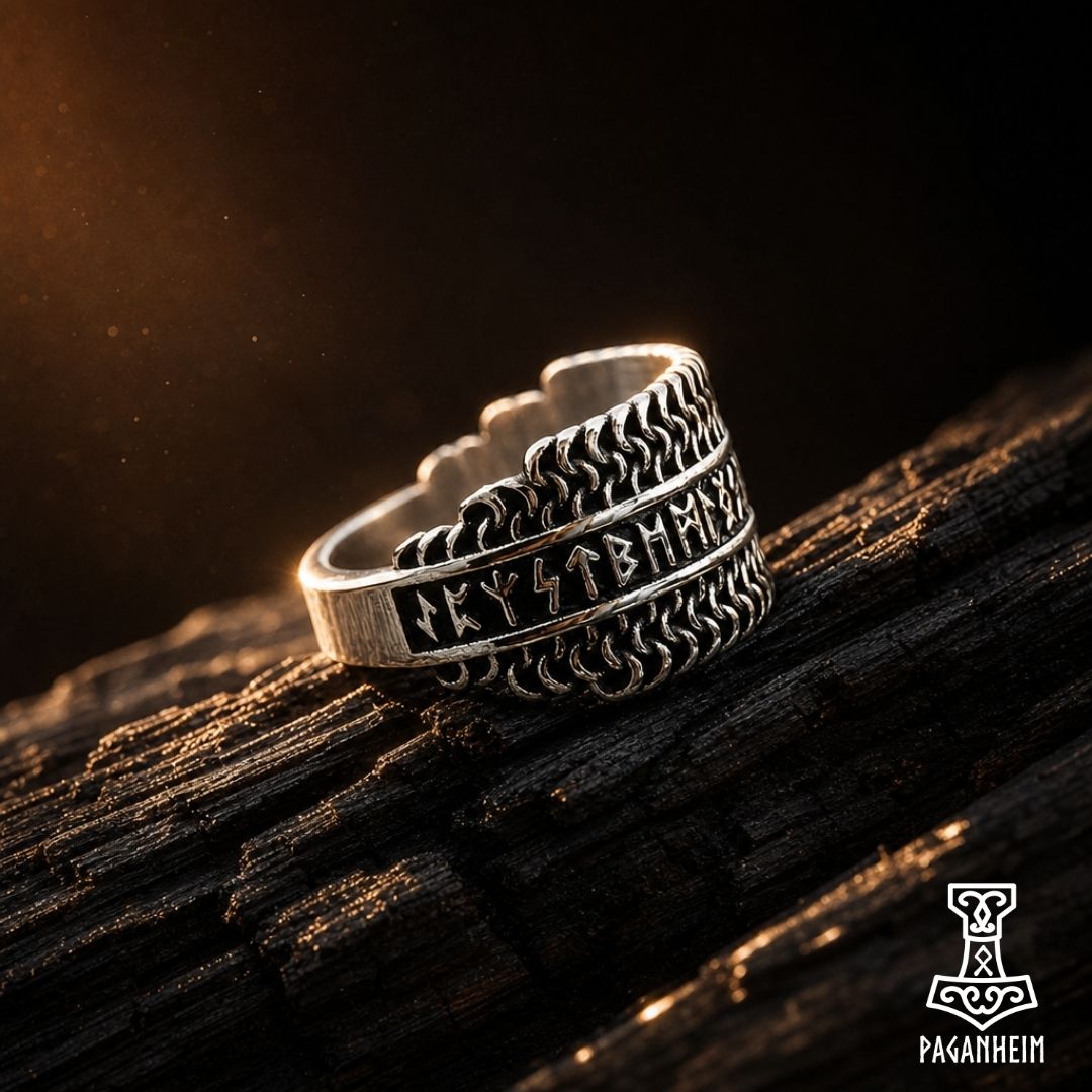 Closeup of metal ring showing engraved runes and interlinked border texture