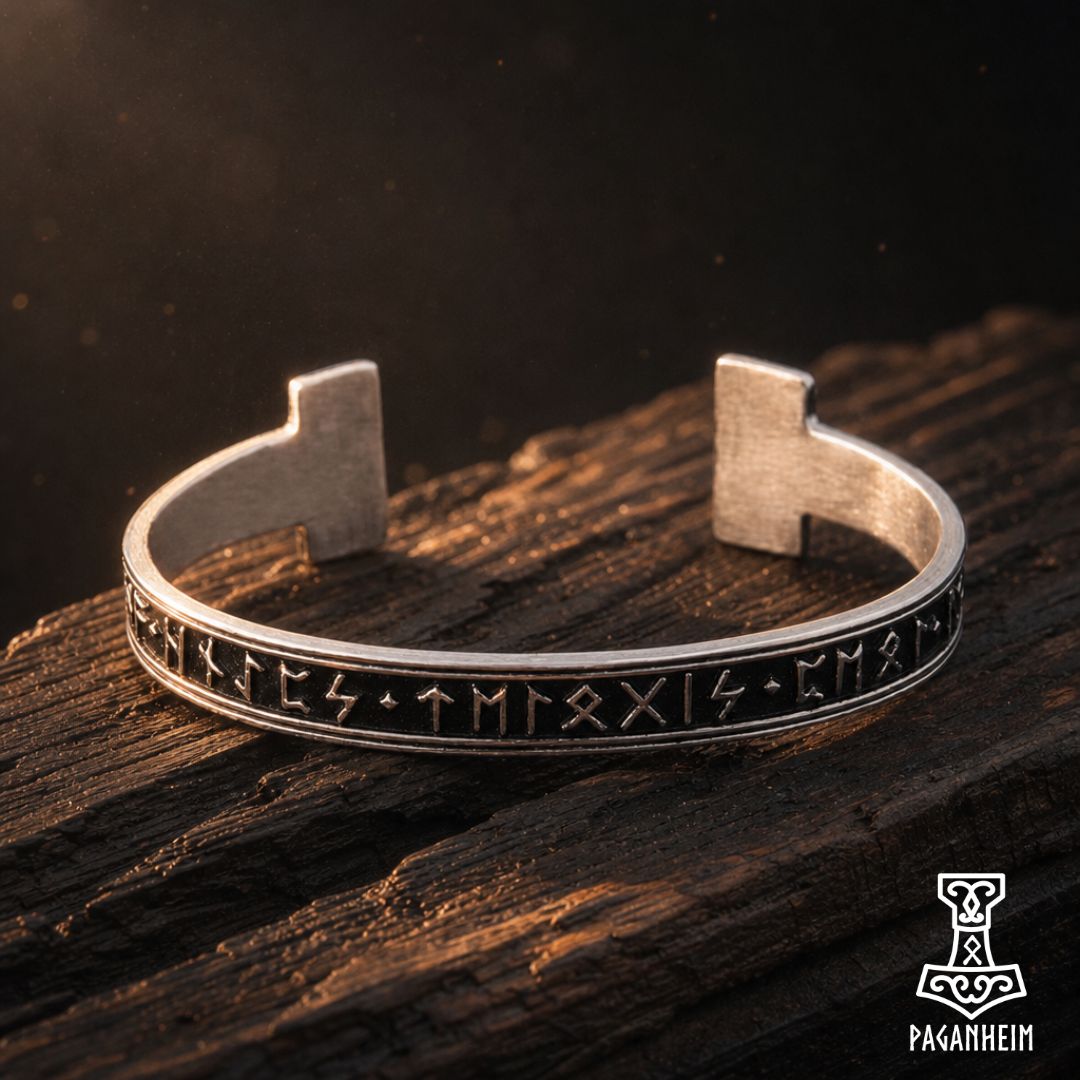 A silver-toned open cuff bracelet with engraved runic symbols, displayed on a dark wooden surface under dramatic warm lighting. 