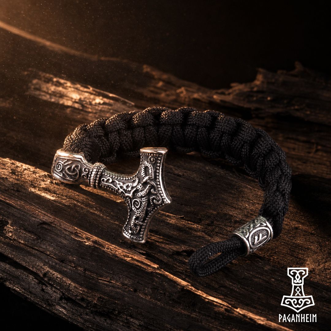 Closeup of Ansuz Mjölnir bracelet showing detailed pendant and paracord weave