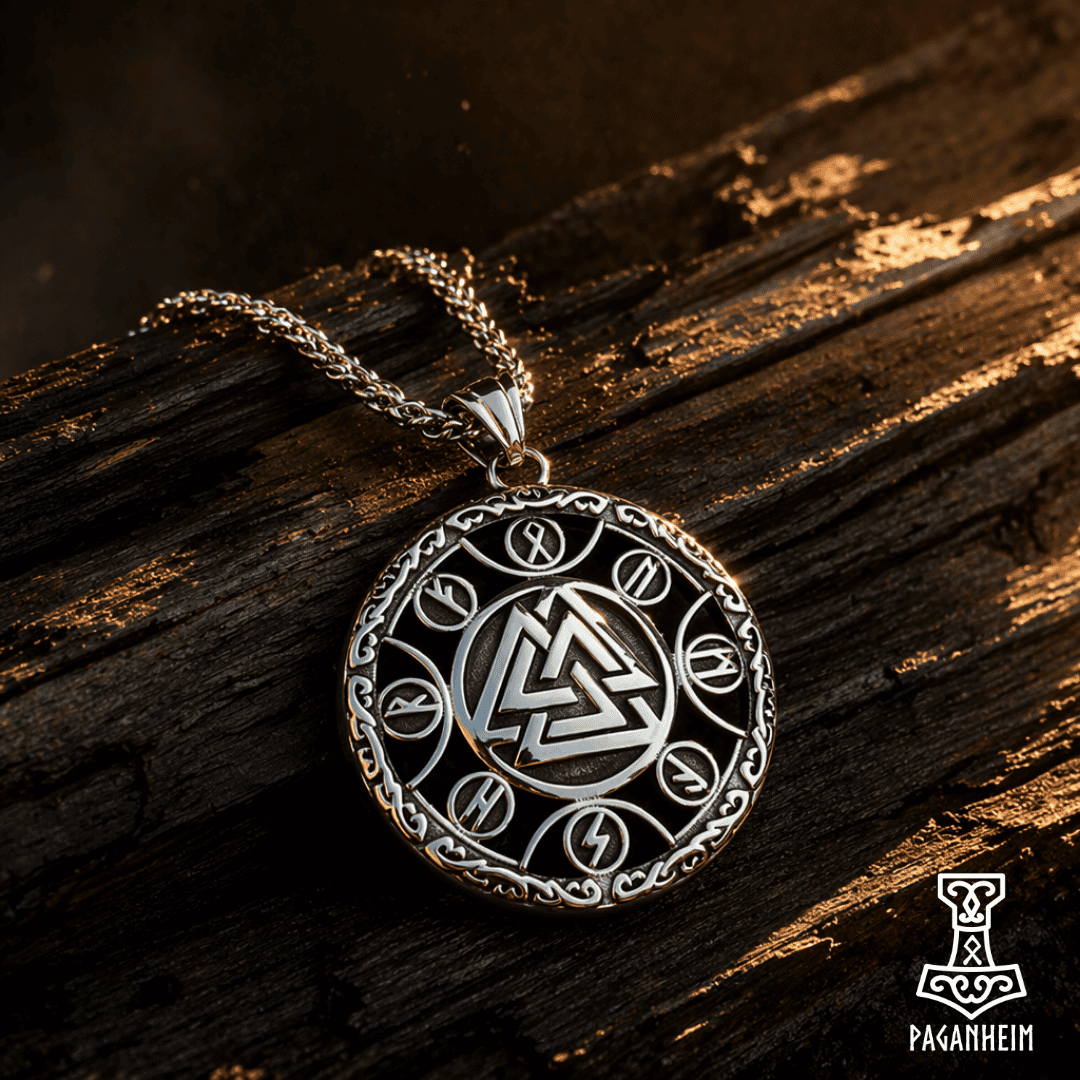Viking‑style necklace with Valknut design displayed outdoors on natural surface