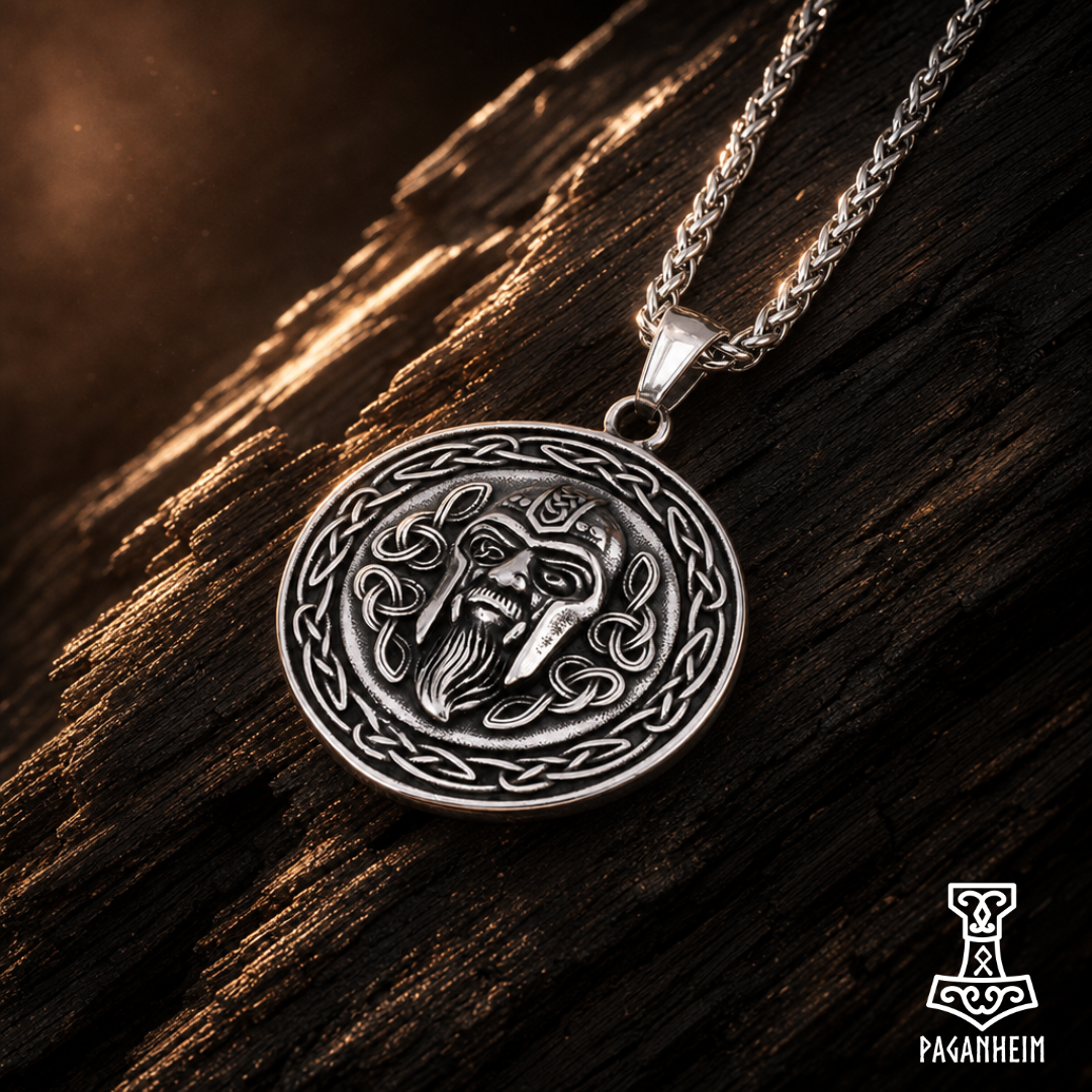 Closeup of Odin necklace showing engraved face and braided border