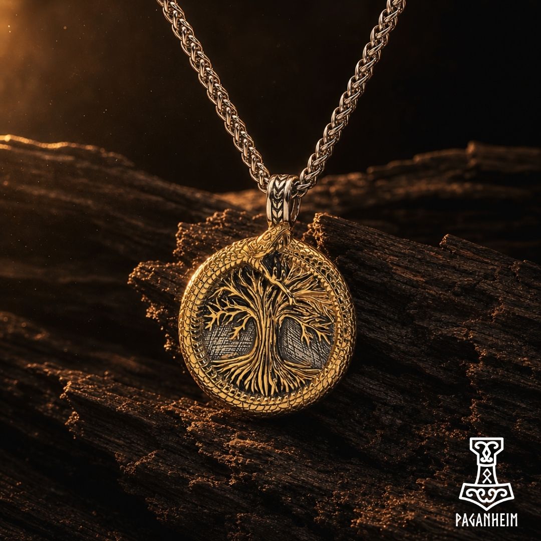 Pendant showing Yggdrasil surrounded by a golden serpent forming an Ouroboros.
