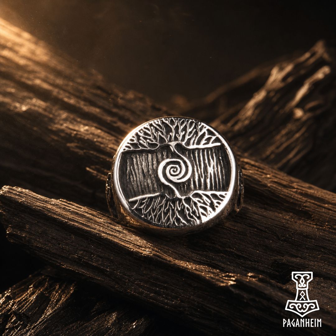 Norse World Tree ring resting on wooden surface under warm light
