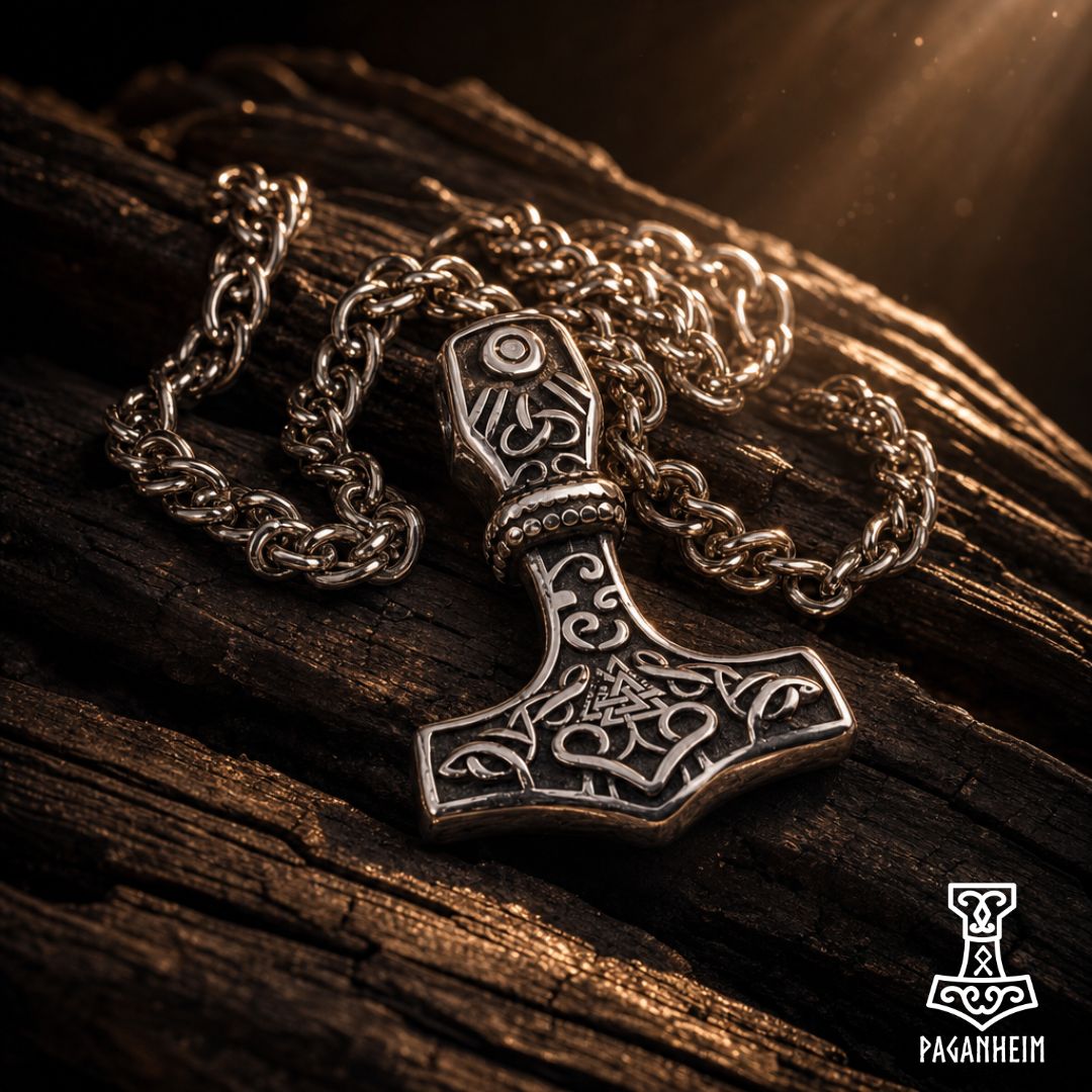 Silver pendant shaped like Thor’s hammer with Valknut engraving