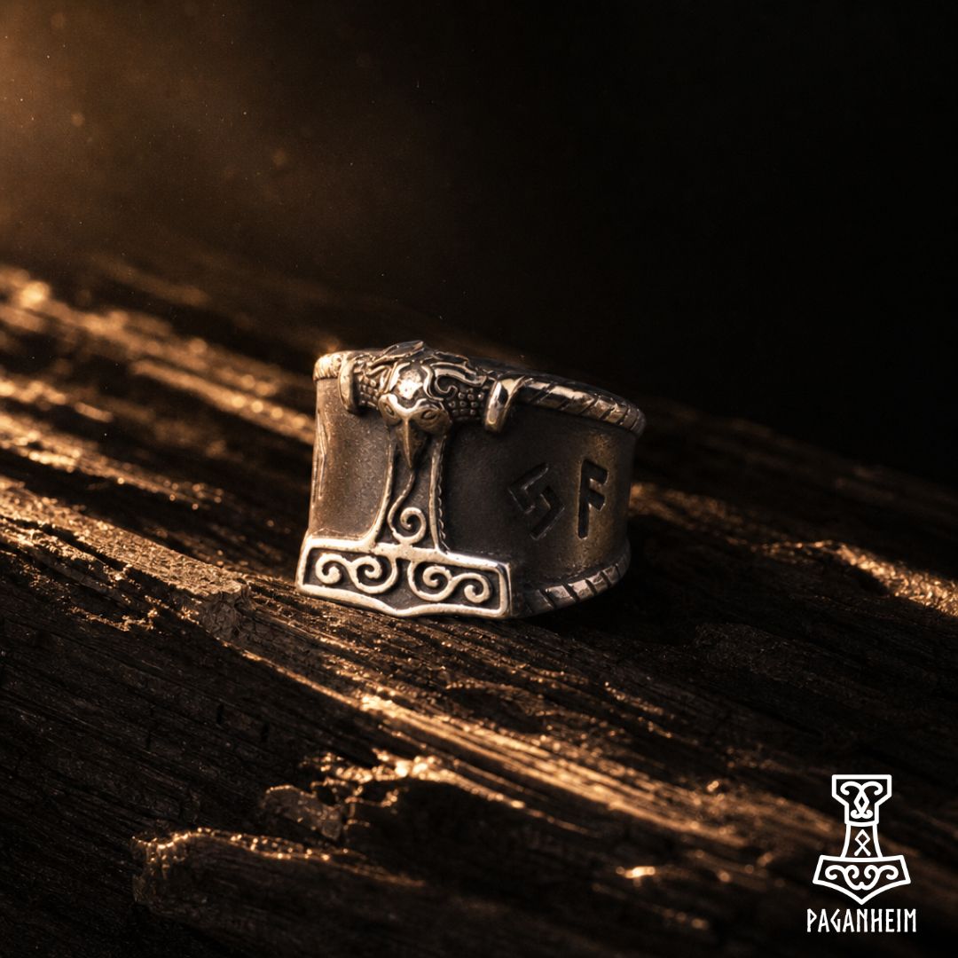 Silver ring featuring engraved Mjölnir design inspired by Skåne artifact