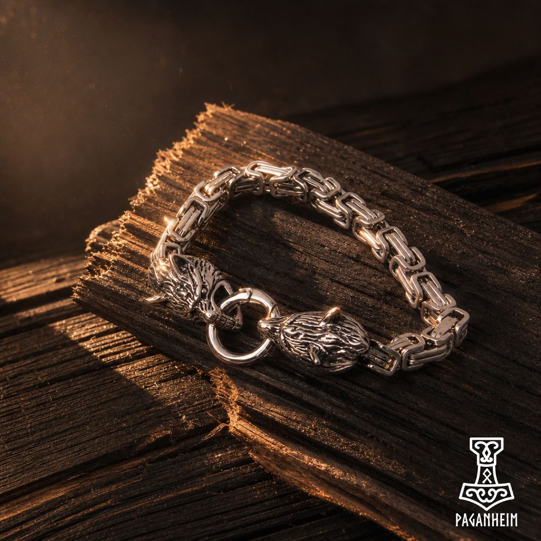 Byzantine chain bracelet featuring wolf heads gripping a split ring