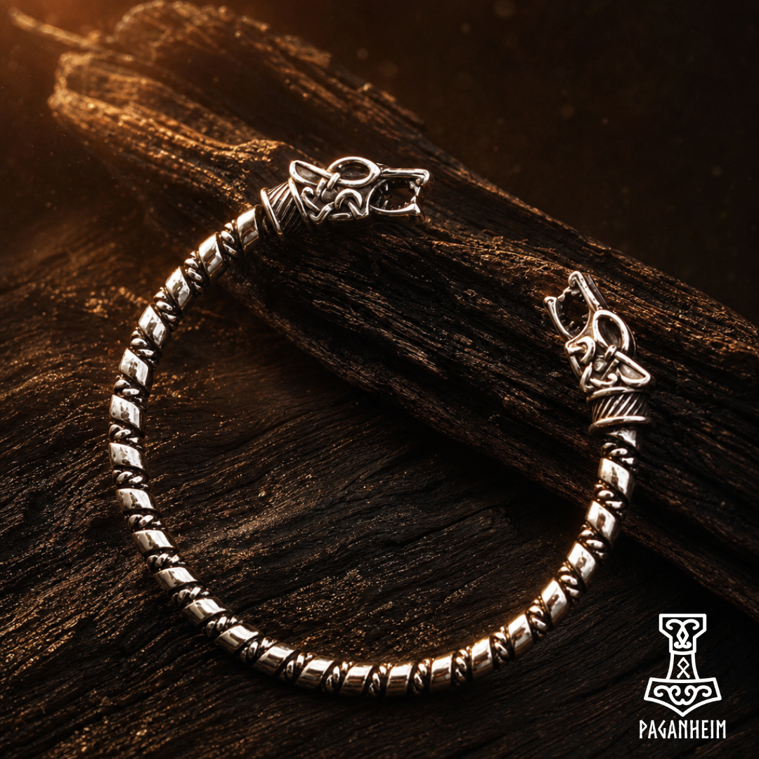 Viking-age inspired armring with wolf-headed terminals, wooden background.