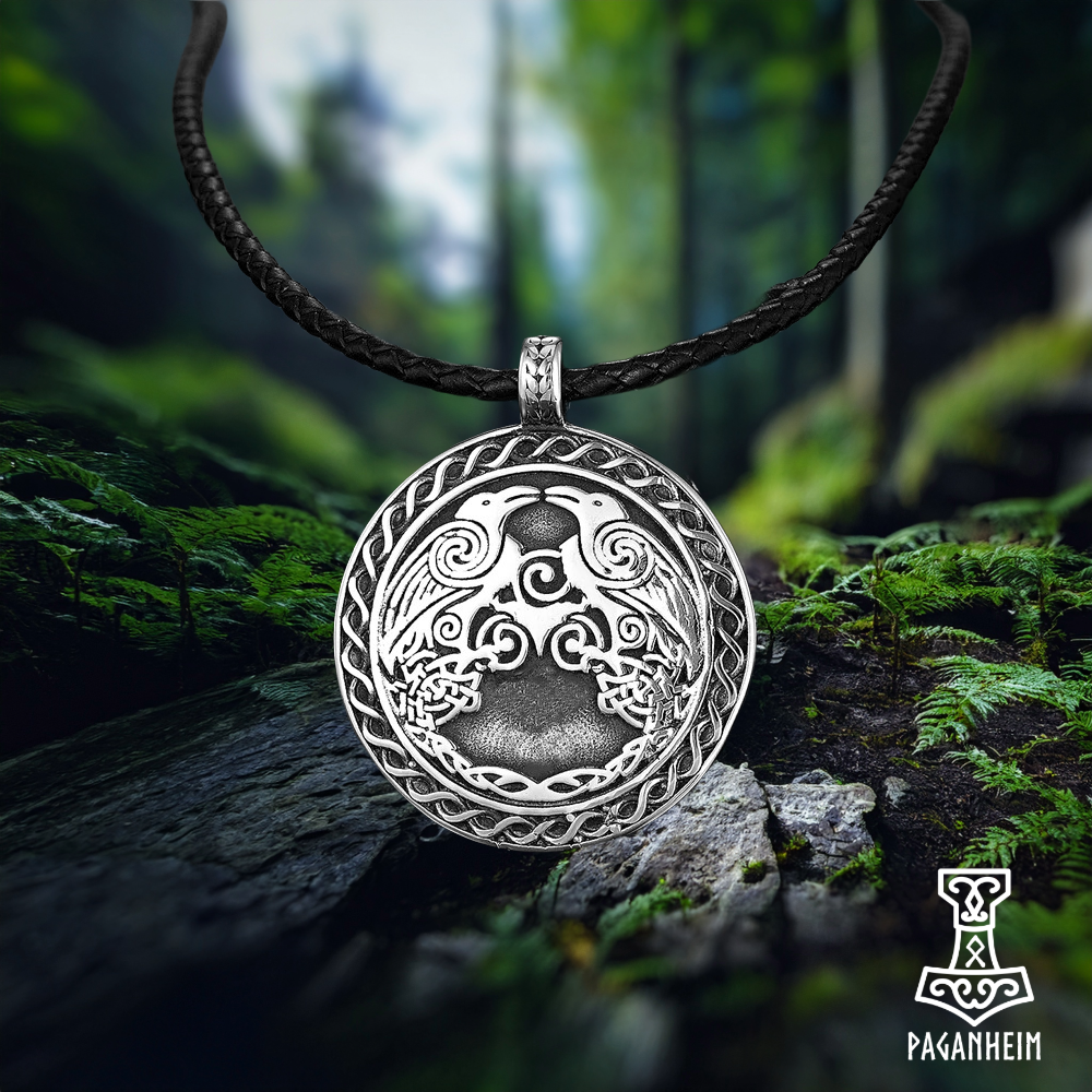 Norse raven pendant featuring Huginn and Muninn in Germanic style.
