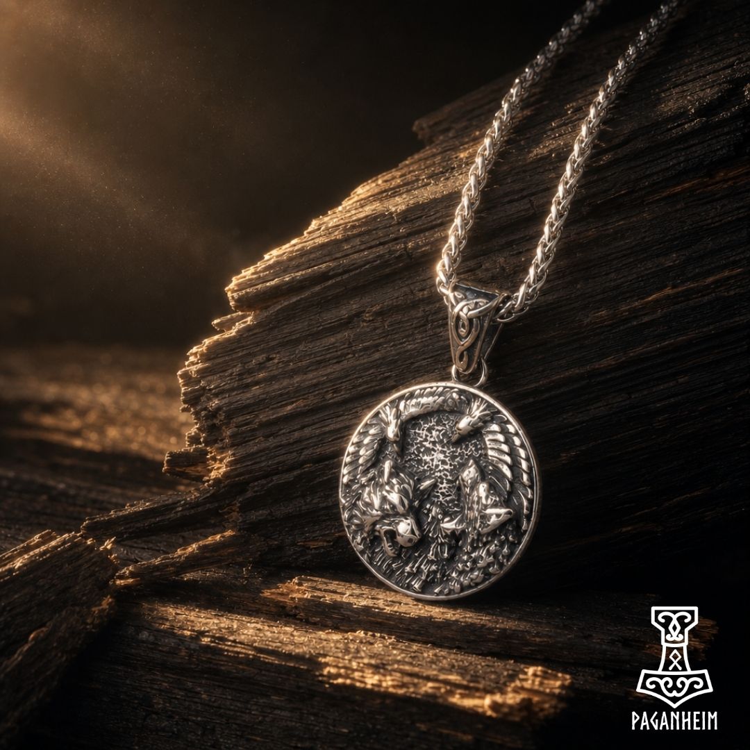 Odin’s Loyal Companions pendant resting on dark wood