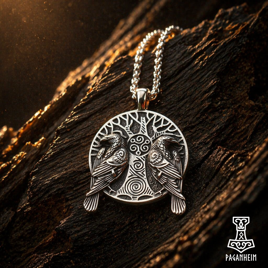 Embossed pendant showing Yggdrasil with two ravens.